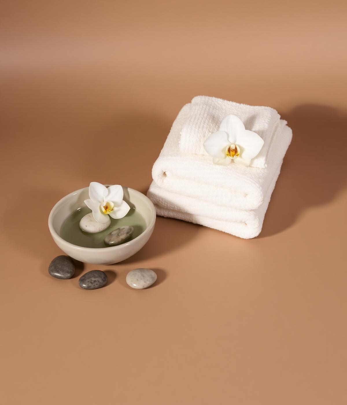 Belle Vie Wellness spa detail — folded towels, orchid, and stones