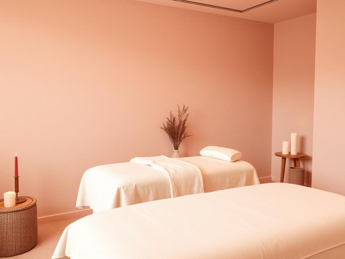 Calm treatment room glowing with warm rosy light at Belle Vie Wellness